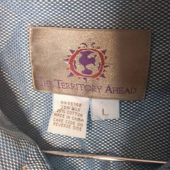 VTG Territory Ahead Silk Satin Mens Button Front Long Sleeve Shirt Aqua Blue Sil - Picture 4 of 10